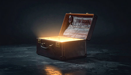 In a dark, atmospheric setting, an old vintage suitcase sits open, unable to contain the brilliant golden light that pours out from within.の素材