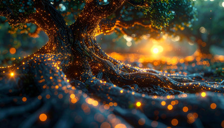 In a hidden, enchanted forest, the ancient Tree of Life awakens at dusk. Its deep roots pulse with a warm, golden light, illuminating the forest floor with a thousand tiny sparks of magic.の素材
