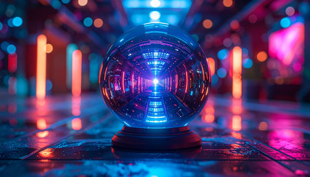 A luminous crystal ball rests on a reflective surface, glowing with neon blue and purple light.の素材