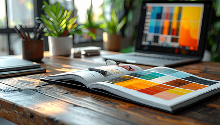 A creative professional's desk is bathed in warm morning light, showcasing the tools of the trade.の素材