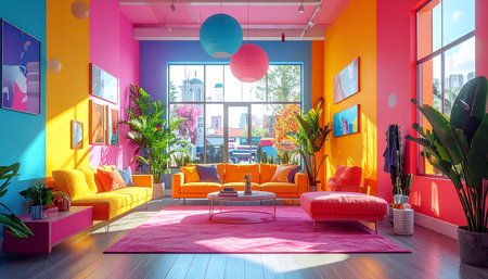 A stunning and energetic living room bursts with a vibrant color palette of pink, orange, and blue.の素材