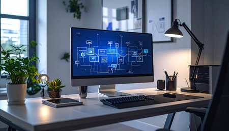 In a quiet, modern office, the glow of a computer screen illuminates a desk where a complex user interface is taking shape.の素材