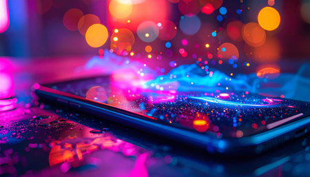 A stream of vibrant, magical energy and colorful data flows from a smartphone screen, illuminating the dark with neon bokeh lights.の素材