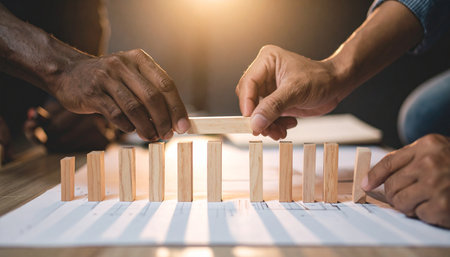 Two colleagues meticulously arrange wooden blocks on a business chart, symbolizing the careful planning and strategic foundation required for a successful project launch.の素材