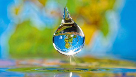 A single, pristine droplet of water hangs suspended, holding a perfect, inverted reflection of the world map within its tiny sphere.の素材