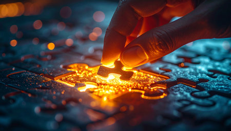 In a dramatic, dimly lit setting, a hand carefully places the final, luminous puzzle piece into place.の素材