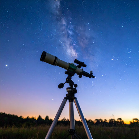 A telescope is silhouetted against the breathtaking spectacle of the Milky Way galaxy during a clear twilight.の素材