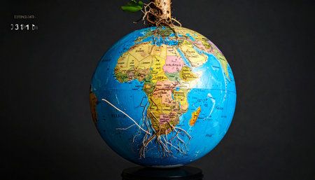 A powerful conceptual image symbolizing the Earth as a living organism. Plant roots emerge from the globe, representing growth, interconnectedness, and the deep-seated origins of life.の素材