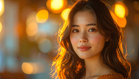 A beautiful young woman pauses for a moment amidst the warm, glowing lights of the city at dusk.の素材