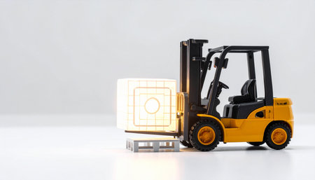 A miniature forklift efficiently lifts a package in a clean, minimalist space, symbolizing the precision and importance of modern logistics, supply chain management, and global distribution.の素材