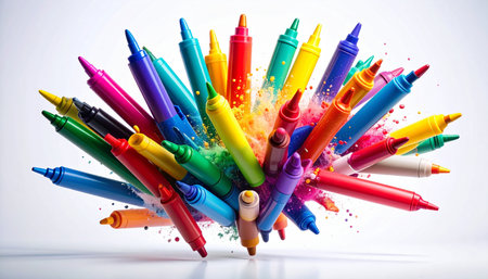 A dynamic explosion of colorful markers bursts forth, splashing vibrant ink in a celebration of creativity and imagination.の素材