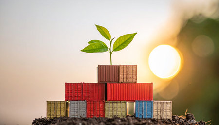 A young plant sprouts from a stack of miniature shipping containers, symbolizing the growth of sustainable business practices and green logistics.の素材