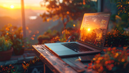 An open laptop rests on a wooden balcony railing, bathed in the warm, golden light of a beautiful sunset.の素材