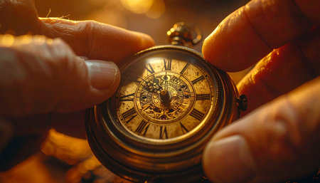 In the warm, glowing light, a pair of hands gently holds a precious antique pocket watch.の素材