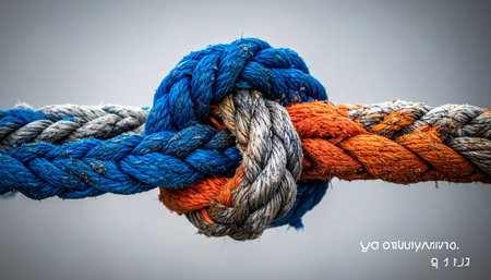 Three distinct ropes, each with its own color and texture, are bound together in a powerful, intricate knot.の素材