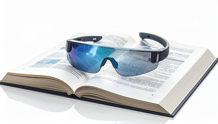 A pair of sleek, futuristic smart glasses rests upon the pages of an open book, symbolizing the intersection of traditional knowledge and cutting-edge technology.の素材