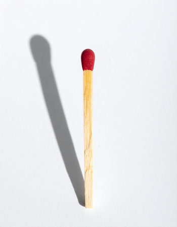 A single matchstick stands ready against a stark white background, its long shadow a testament to the bright light upon it.の素材