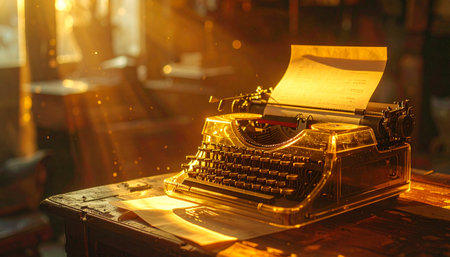 In a quiet study, golden morning sunlight streams through the window, illuminating dust motes dancing in the air.の素材