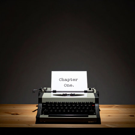 Under the focused glow of a single spotlight, a vintage typewriter sits ready on a wooden desk.の素材
