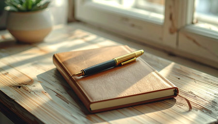 In the quiet morning light streaming through a window, a leather-bound journal and pen rest on a rustic wooden table.の素材