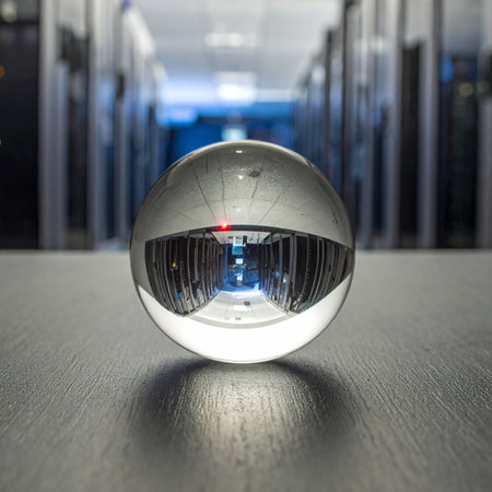 A crystal ball sits on a desk, reflecting an inverted view of a modern data center hallway.の素材