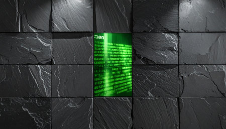 Behind a facade of solid, dark stone, a digital reality emerges.の素材