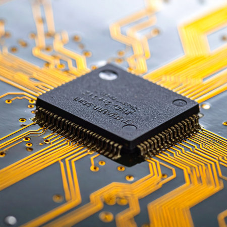 A macro photograph showcasing the complex core of modern electronics.の素材