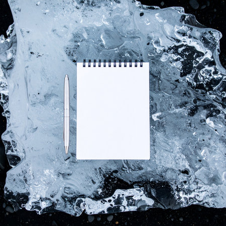A powerful metaphor for overcoming a creative block or starting a new project. A blank notebook and pen rest on a textured block of ice, symbolizing fresh ideas preserved and waiting to be thawed.の素材