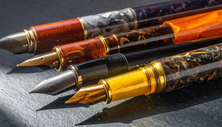 A curated collection of exquisite vintage fountain pens rests on a textured surface, their golden and silver nibs gleaming in the light.の素材