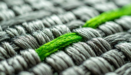 A close-up view of a tightly woven grey fabric. A single, vibrant green thread runs through the pattern, symbolizing uniqueness, innovation, and standing out from the crowd.の素材