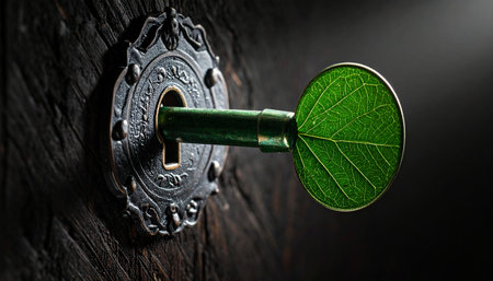 A key crafted from a single green leaf is poised to unlock an ancient, ornate keyhole.の素材