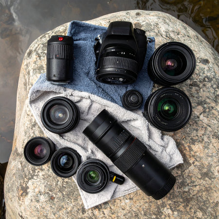 A professional photographer's complete kit, including a camera body and a wide array of lenses, is carefully arranged on a rock during an outdoor expedition.の素材