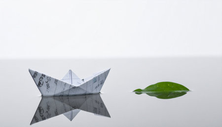 A fragile paper boat, crafted from a dollar bill, embarks on a calm journey across a still, reflective surface.の素材