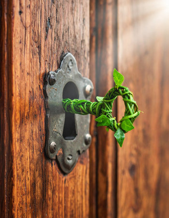 A key crafted from living green vines rests in the lock of an ancient wooden door, symbolizing the unlocking of sustainable solutions and a greener future.の素材