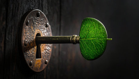 An old, rustic key made from a vibrant green leaf is poised to unlock a dark wooden door.の素材