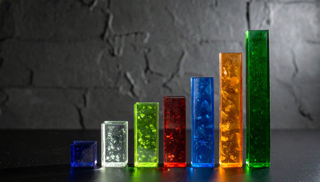 A vibrant, glowing bar chart rises against a dark, textured background, symbolizing dynamic growth and positive momentum.の素材