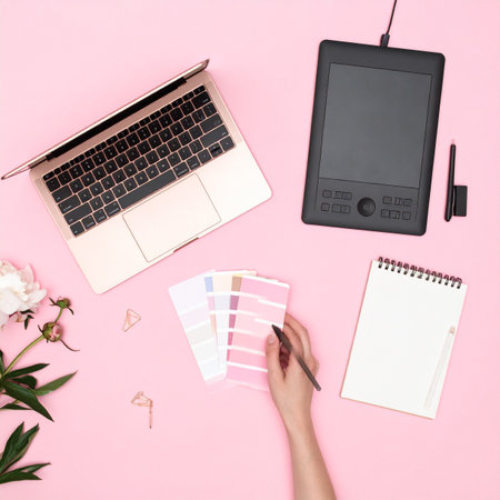 A top-down view of a graphic designer's vibrant pink workspace.の素材