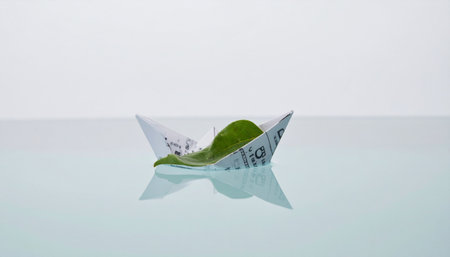 A fragile paper boat, meticulously folded from a banknote, carries a single green leaf across a calm, reflective surface.の素材
