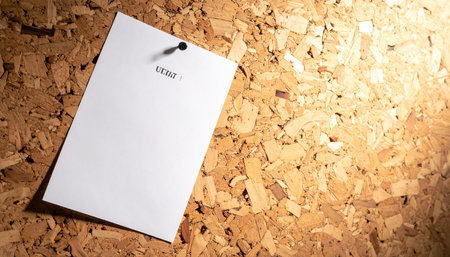A single blank piece of paper is pinned to a textured wooden board, illuminated by a warm spotlight.の素材