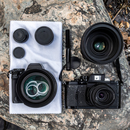 A photographer's essential gear is carefully arranged on a rustic, rocky surface, ready for an outdoor adventure.の素材
