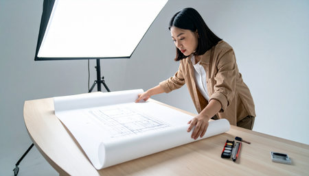 A talented female architect meticulously unrolls a large blueprint on her drafting table.の素材