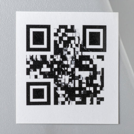 A fragmented QR code symbolizes the fragility of digital information.の素材