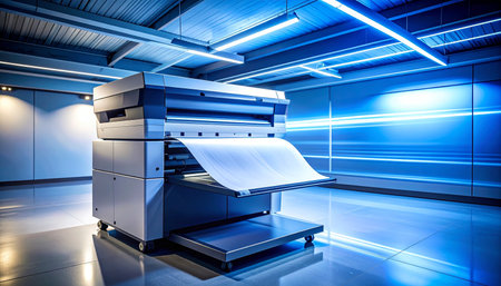 In a sleek, futuristic facility illuminated by streaks of blue light, a state-of-the-art large-format printer operates with precision, rolling out a fresh design.の素材