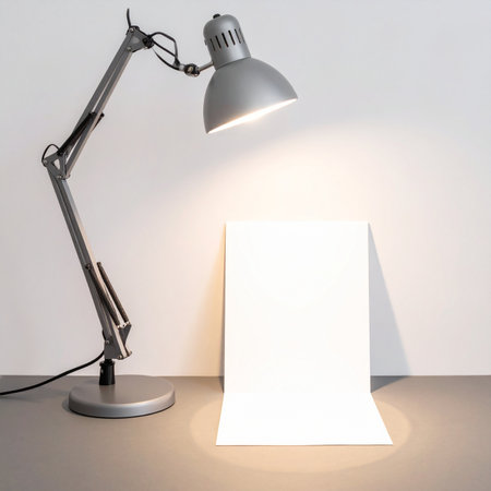 An adjustable desk lamp casts a warm, focused beam of light onto a blank white card, creating a powerful symbol of inspiration, new ideas, and focused creativity.の素材