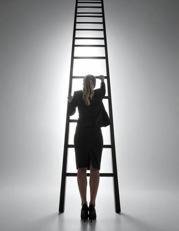 A determined businesswoman in a suit stands silhouetted at the bottom of a tall ladder, looking up towards a bright light.の素材