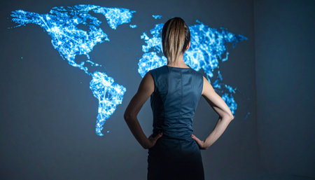 A confident businesswoman stands with hands on hips, contemplating a glowing digital world map projected on the wall.の素材