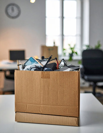 A cardboard box filled with personal belongings sits on an empty office desk, a silent testament to a career transition.の素材