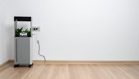 A single, modern aquarium stands as the first piece of life in an otherwise empty room.の素材