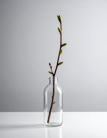 A single, delicate branch with the first green buds of spring stands in a clear glass bottle.の素材