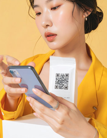 A young woman uses her smartphone to scan a QR code on a product's packaging.の素材